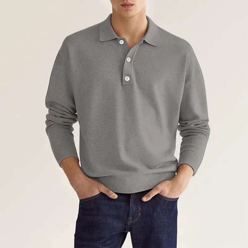 2024 autumn long sleeved V-neck buttoned men's casual top polo shirt