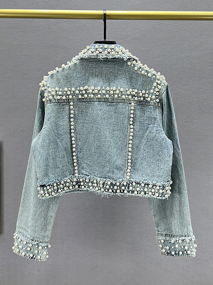 DEAT Womens Denim Jacket Full Pearl Color Pearl Crystal Long Sleeve Cool Burr Womens Jacket Autumn Collection 29L4067 241112