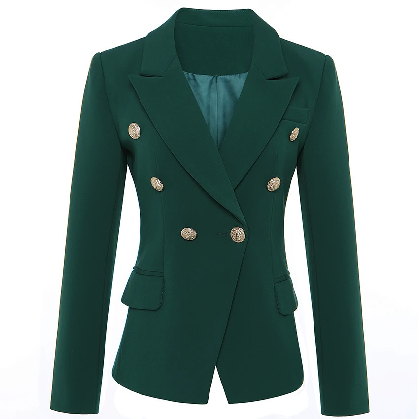 HIGH QUALITY est ner Blazer Womens Long Sleeve Double Breasted Metal Lion Buttons Jacket Outer Dark Green 241112