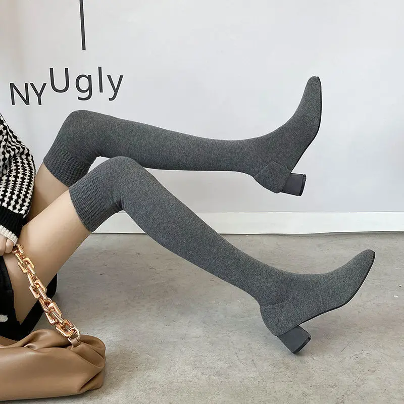 Thigh High Boots Shoes Sock Women's Over-the-knee Elegant Woman Sexy Tights Chunky Heels 2022 Autumn Winter Knitting Long boot