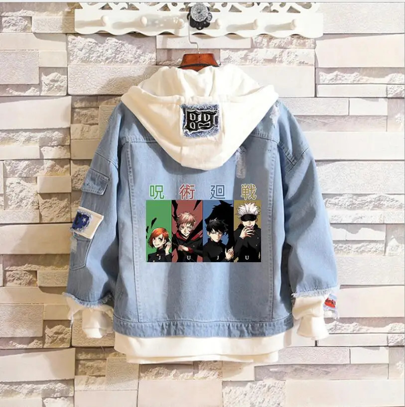 Anime Jujutsu Kaisen Men Jeans Jacket Gojo Satoru Print Casual Women Patchwork Denim Autumn Hooded Outwear Coat 241111