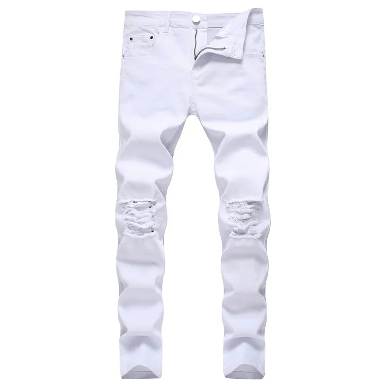 Men Fashion Ripped Stretch Skinny Jeans Trousers Male Destroyed Solid Sim Fit Jogging Pencil Denim Pants 241112