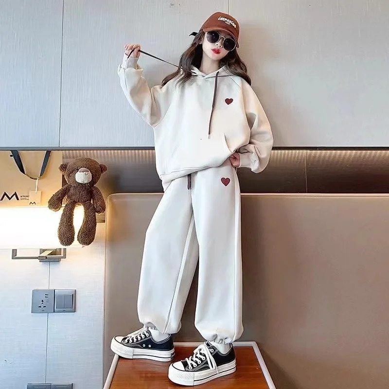 Girls Winter Autumn Fashion Ins Ootd Korean Style 2Pcs Thick Warm HoodiePants Sports Suits 6-14 Years Kids Leisure Clothes Sets 241112