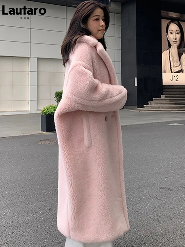 Lautaro Winter Ultra slim Pink Thick Warm Teddy Coat Womens Double Chest Loose Casual Style European Faux Fur Coat 241112