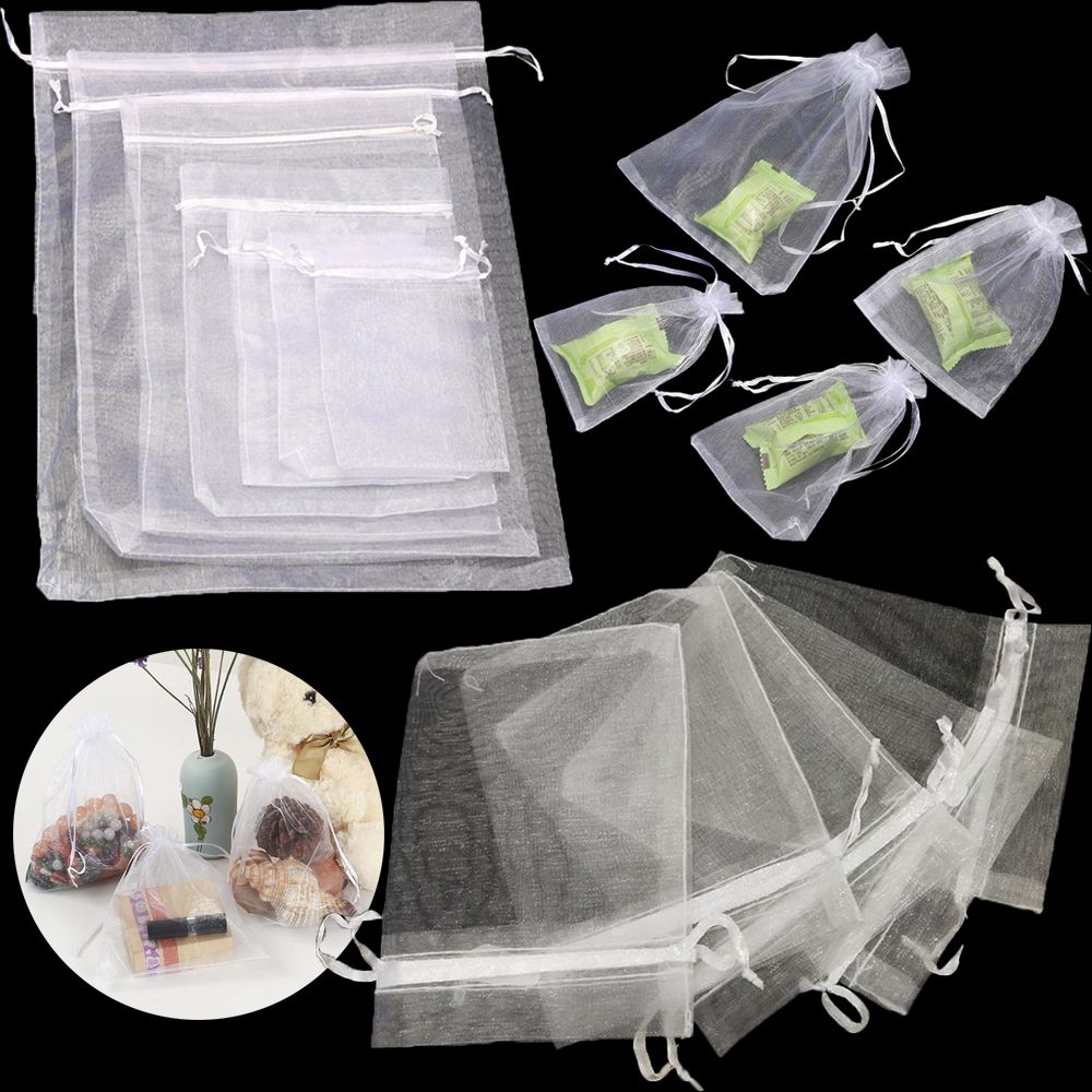 25/50PCS Drawable Party Supply Wedding Christmas Favor White Pouches Organza Gauze Sachet Gift Bags Drawstring Pocket
