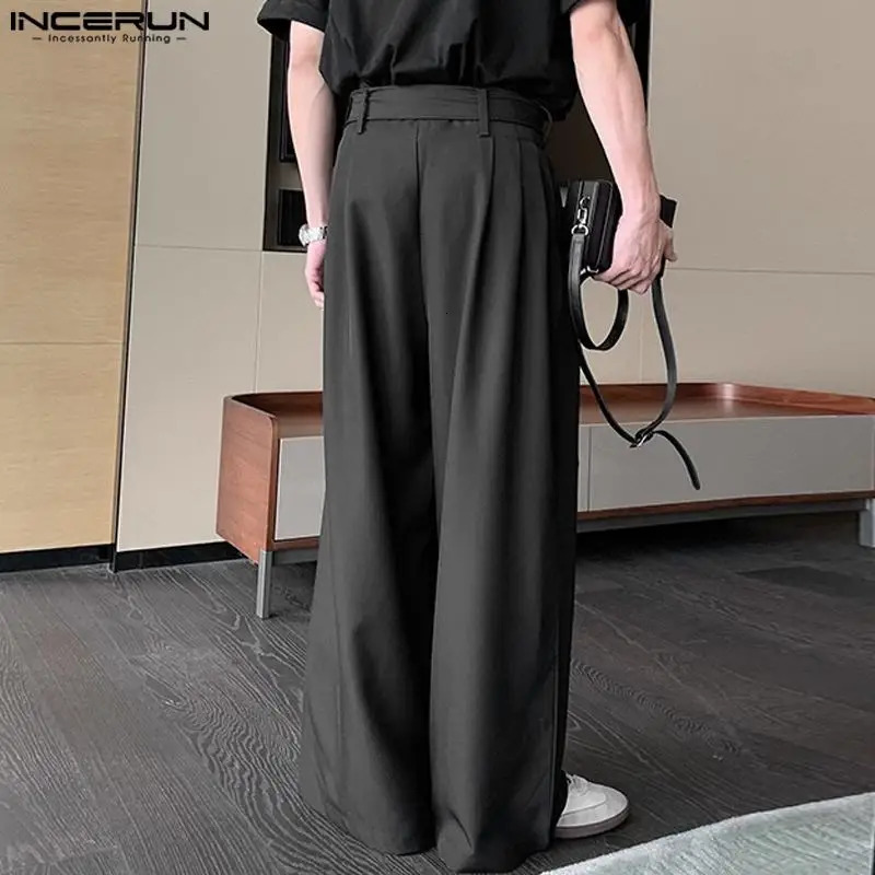 INCERUN Mens Pants Solid Color Button Jogger Loose Casual Wide Leg Straight Trio Mens Strap Dress Lace Pants 241112