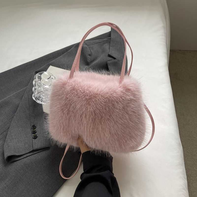 autumn winter fashionable shoulder bag diagonal crossbag imitation fox fur women's bag hand-held solid color plush small square bag 241115