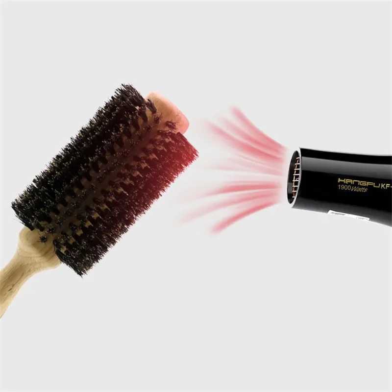No. 6 Wooden Handle Pig Mane Round Brush Detachable Tail Professional Barber Salon Hairdressing Brush Round Comb W241112