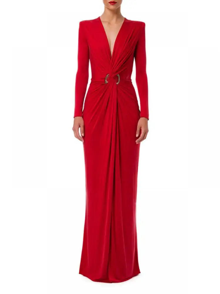 Uoozee Arrivals Solid Color SplitFront Deep VNeck XShape Evening Dresses Long Sleeves Pleated Prom Gown for Women 240402