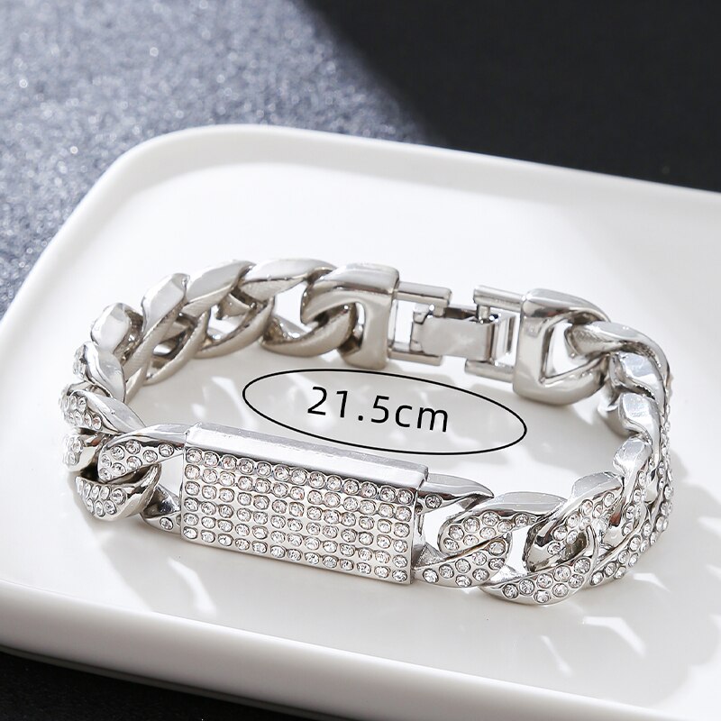 Hip Hop Gold Chuncky ID And Cuban Chain Bracelet Full Crystal Bling Big Size Trendy Men Jewelry Accessory 5