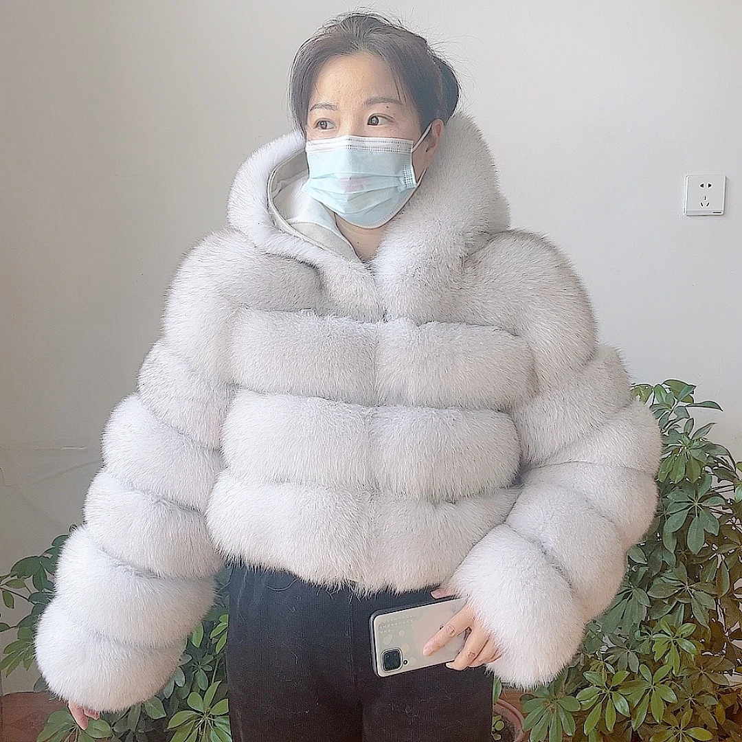 100%Winter Women Real Fox Fur Coat Thick Warm High Quality Full Sleeves Natural Fur Fashion Hooded Short Jacket 241112