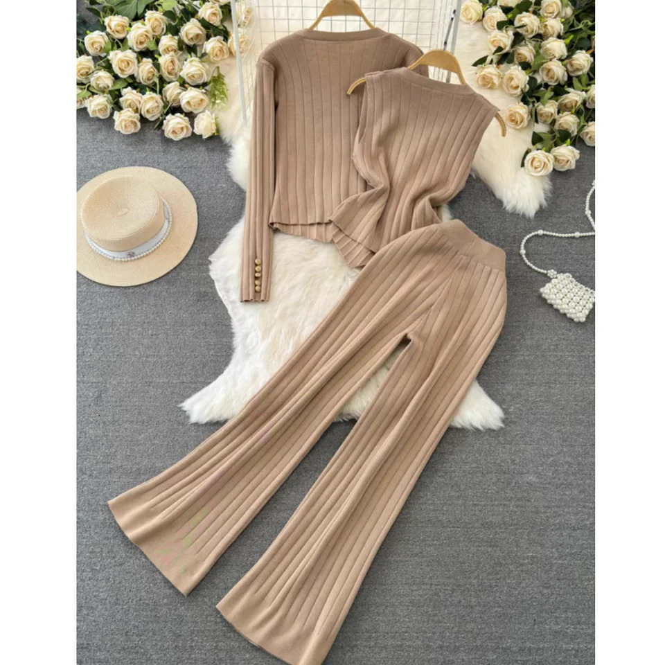 Korean Office Ladys Knit Outfit V-Neck Long Sleeve Slim Single Breast Sweater Cardigan With Vest And Wide Leg Pants 3-Piece Set 241112