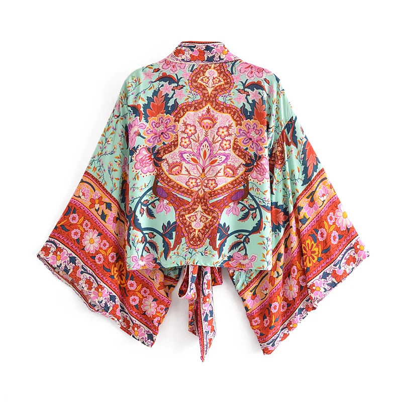 Boho Queens Vintage Floral Print Sashes Short Kimono Women Fashion V Neck Batwing Sleeves Ladies Beach Robe Cover-ups 240407