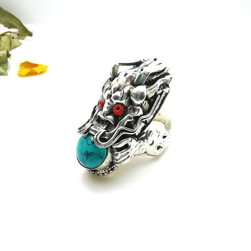 Tibet Amulet Rings for Man Copper inlaid Various Beads Big Dragon Head Ring R024240412