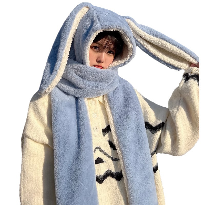 Gloves all-in-one three-piece Winter Sweet Cute Rabbit Ears Plush Scarf Hat Outdoor Warm Cap Free Shipping