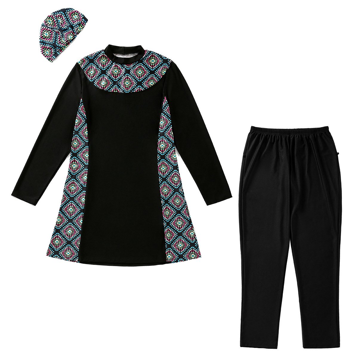 3 Piece Set Print Muslim Swimwear Women Long Sleeve+Top Hat+Pant Swimsuit Khimar Dubai Turkey Islam Clothing Burkini Mujer 2024