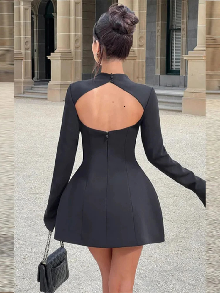 Solid backless half neck womens dress fashionable long sleeved high waisted A-line dress chic womens party club evening dress 241111