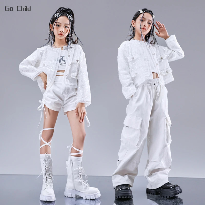 Girls Hip Hop Sequin Elegant Jacket Cargo Pants Street Dance Clothes Set Kids Jazz Sweatshirt Shorts Costume Children Streetwear 241112