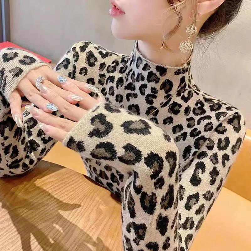 Autumn Winter Fashion All-match Leopard Print Sweaters Women Clothing Elegant Slim Half High Collar Long Sleeve Pullover Y2k Top 241111