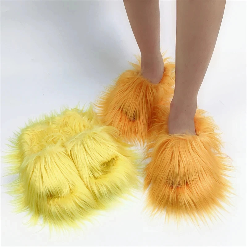 Faux Fur Slippers Women Winter Plush Warm Home Flat Slides Mongolian Wool Flip Flops Y2K Furry Shoes Cute Slippers 241111