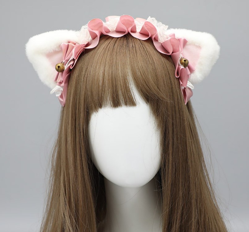 Costume Accessories Anime Lolita Cosplay Animal Cat Ear Headband Cute Plush Cat Ear Ruffled Lace Ribbon Bowknot Bell Hair Hoop Headpiece