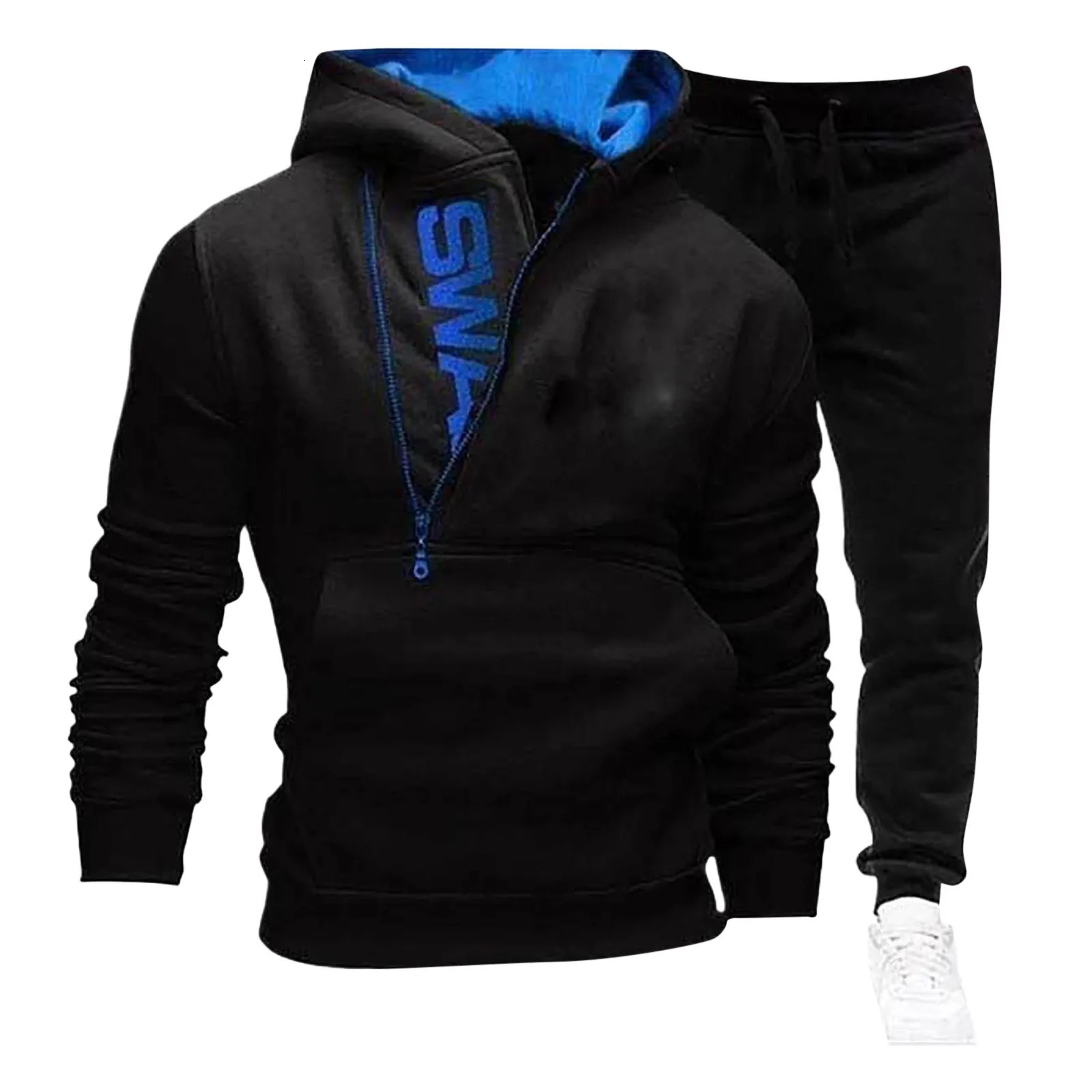 Side Zipper Men Tracksuit Set Matching Color Hooded Pullover Sweatshirt And Pant Mens Fleece Hip Hop Hoodie Street 241111