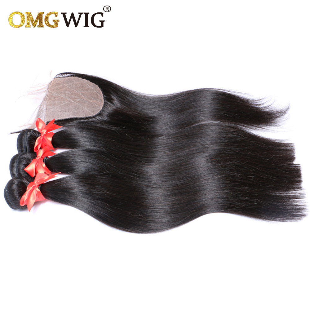 Natural Black Color Hair Bundles With 4x4 Base Closures Straight Brazilian Human Hair Free Part Bleached Knots Transparent Lace e2bf9