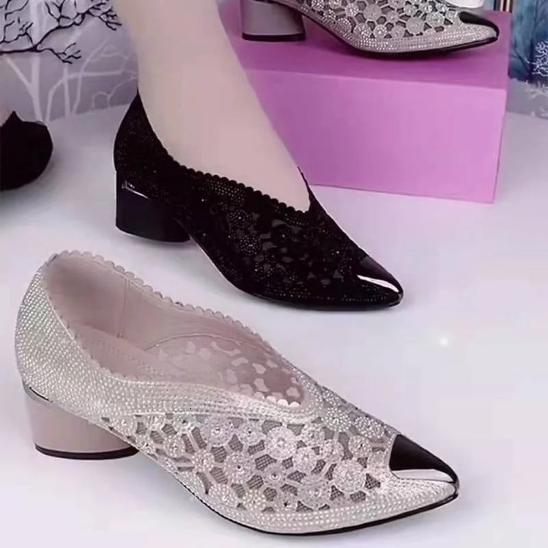 Short and chubby lace sexy toe womens shoes summer er mid boots light mature dress womens shoes pump unprinted good product Zapatos 241111