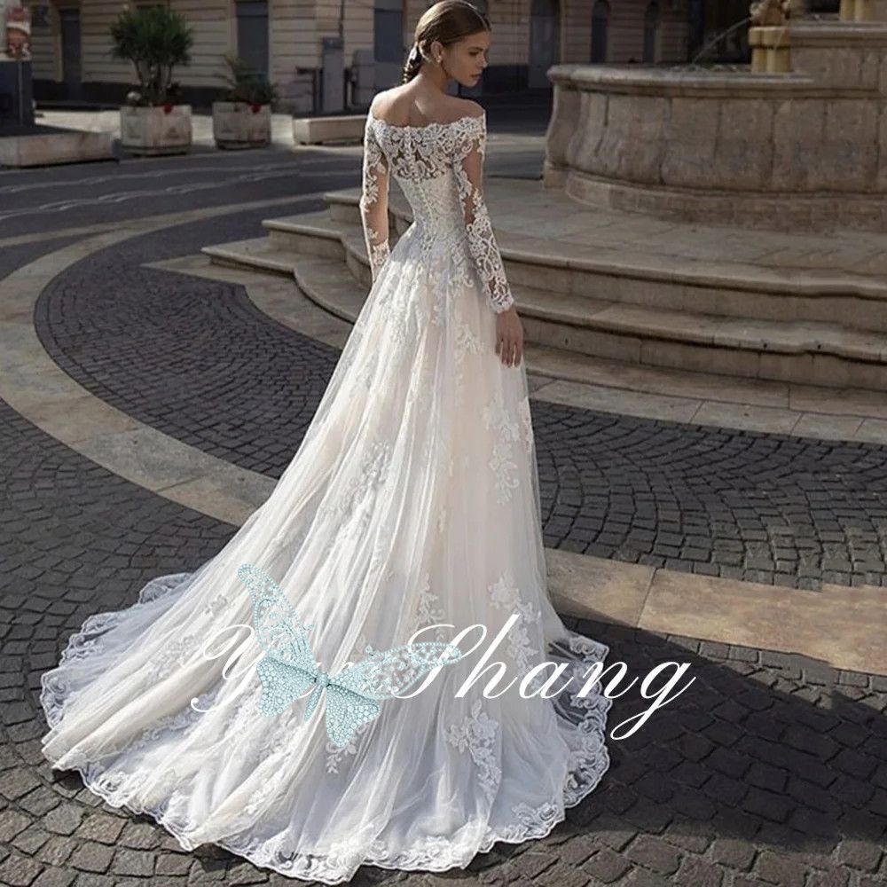 Long Sleeves Lace Appliques A-Line Wedding Dresses Boat Neck Garden Modest Bridal Gowns Custom Made Vestidos De Marriage