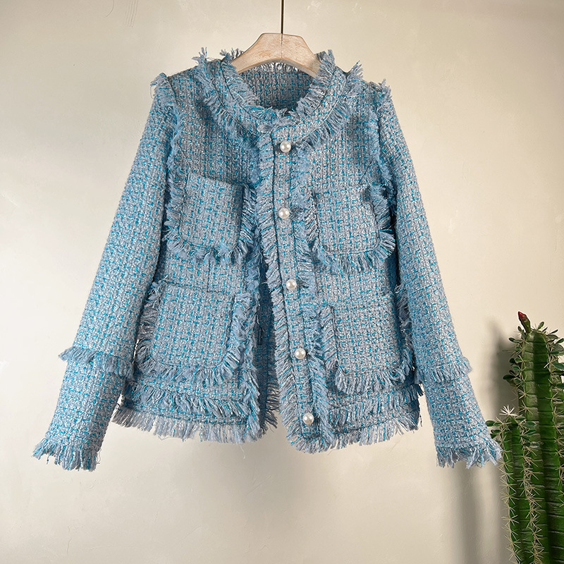 Womens 2024 Spring and Autumn French New Round Neck Thick Tweed Tassel Versatile Celebrity Little Fragrant Coat for Women 201017