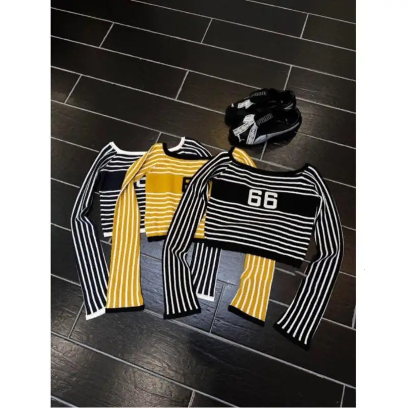 Tawaaiw striped knitted top long sleeved T-shirt womens clothing Korean fashion shoulder knitted autumn winter top T-shirt Y2k 241112