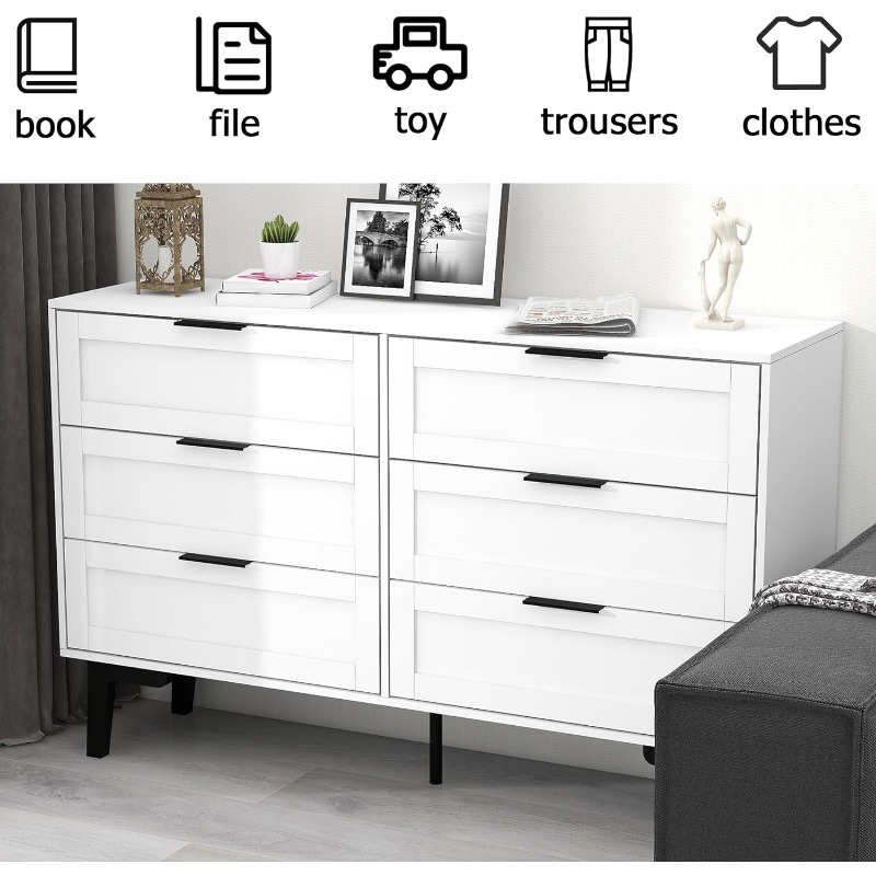 TaoHFE 6 Drawer Dresser for Bedroom Modern White Chest of Drawers for Nursery Wood Dresser for Kids Vanity Desk White Dresser