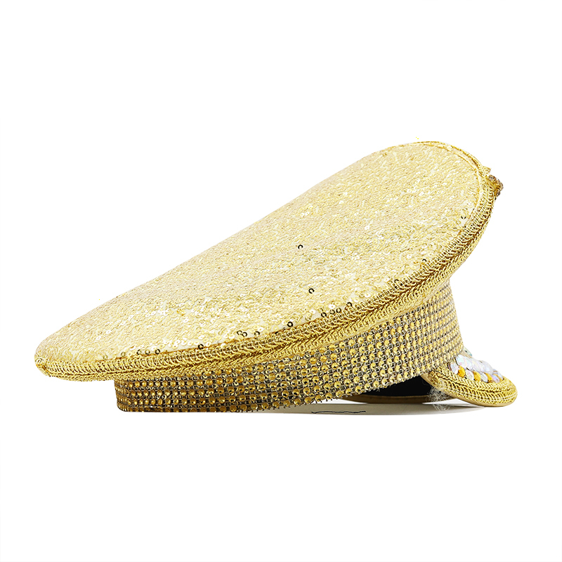 Hot Women Sequin Burning gold Bride Military Hat Handmade Sailor Captain Sergeant Hat Birthday Festival Part Hat 25dff