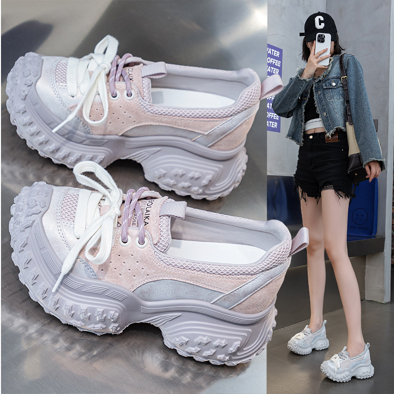 Chunky Microfiber Leather Sneakers: Breathable Mesh, Comfy Platform Wedges 4