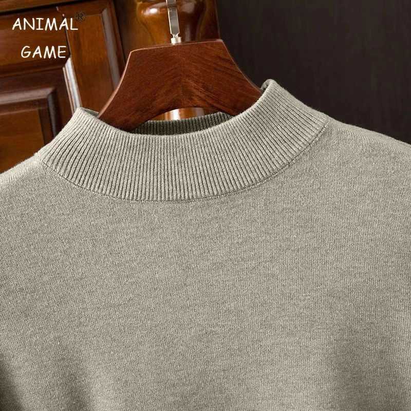 Autumn mens plain neck knitted sweater outdoor half neck solid color latte art streetwear winter warm knitted sweater W2411111