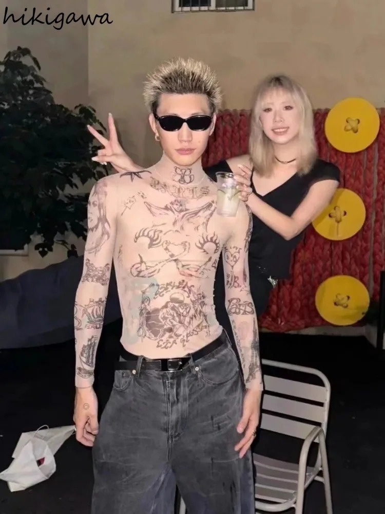 Graffiti print top womens sexy T-shirt Tunic Gauze Camisetas Y2k top fashion perspective Ropa unprinted shirt 241112