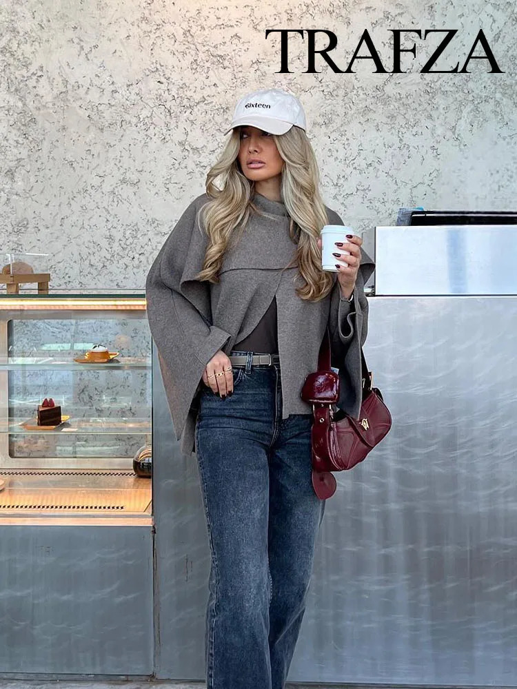 TRAFZA Female Elegant Spliced Cape Collar Woolen Coat Women Chic Long Sleeve Casual Jacket Fall Winter Loose Outerwear 241112
