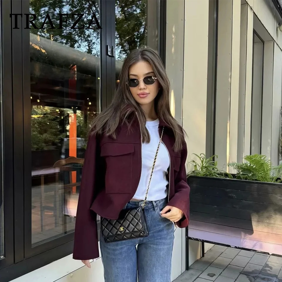 TRAFZA Autumn/Winter Casual Womens Wine Red Jacket Fashion Street Clothing Zipper Pocket Collar Fashion Womens Jacket 241111