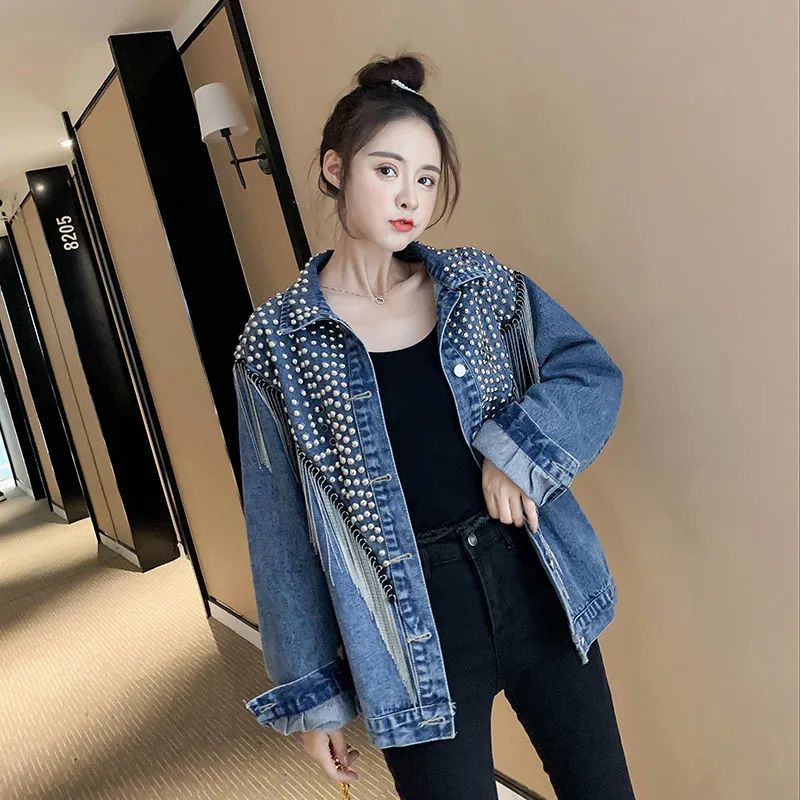 Autumn Street Clothing Denim Jacket Womens Handmade Rivet Flow Su Chain Short Jeans Jacket Loose Retro Casual Black Jacket 241112