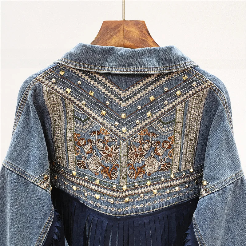 Heavy duty work rivet embroidery tassel denim jacket womens loose short jacket fashionable black blue denim jacket womens streetwear 241112