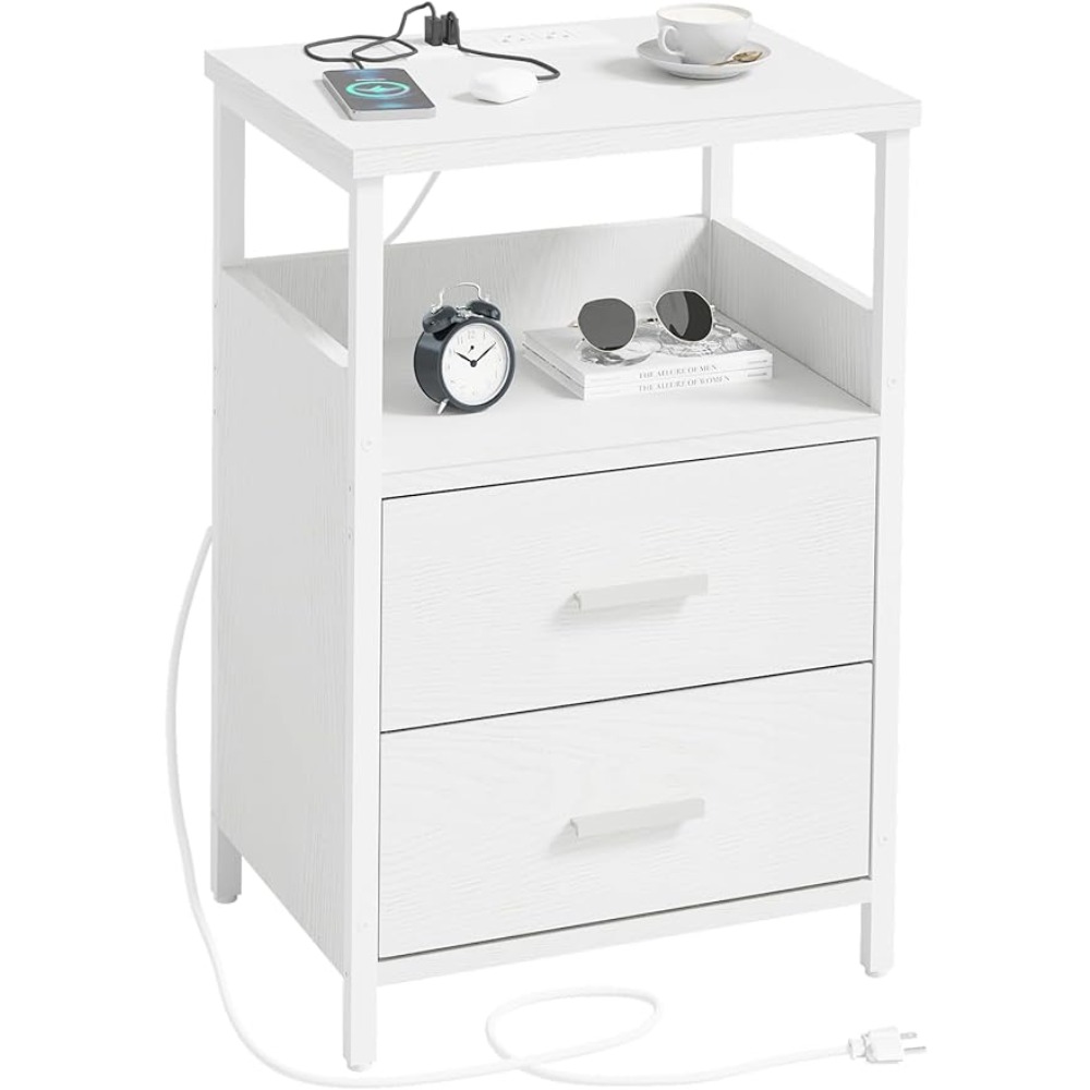 KHLJJU Nightstand with Charging Station,Side Table for Small Spaces, White Bedside Tables with Outlets for Living Room