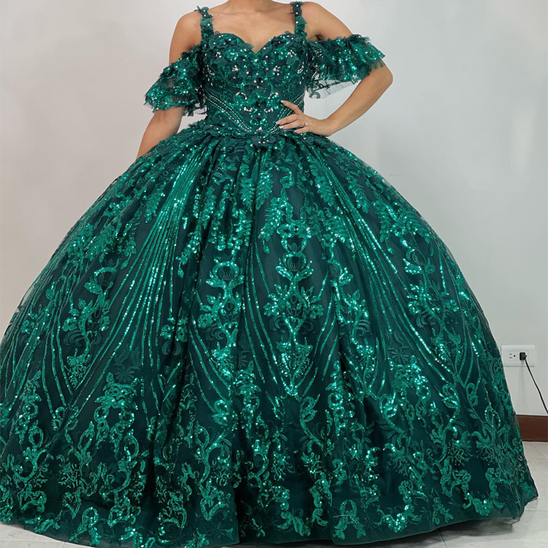 Emerald Green Shiny Quinceanera Dress Princess Lace Beads Crystal Corset Sweet 16 Girl Party Prom Gown Vestidos De 15 Anos