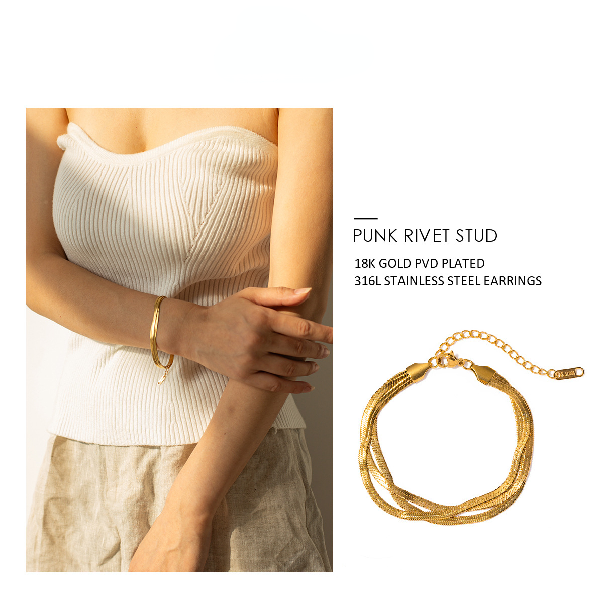 INS Retro Hand Designer Chain for Women Three Layer Titanium Steel 18K Gold Snake Bone Bracelet Free Shipping