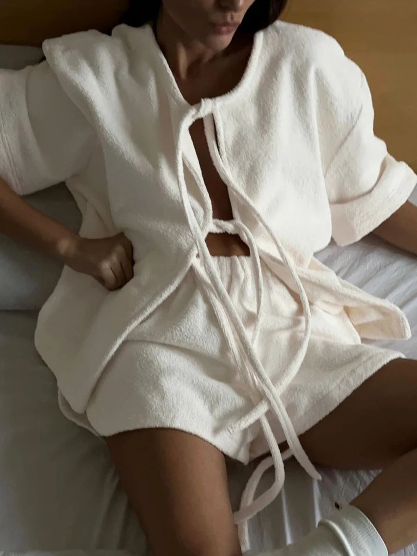 Marthaqiqi casual womens 2-piece set of O-neck pajamas short sleeved evening gown lace pajamas cotton pajamas set 241112