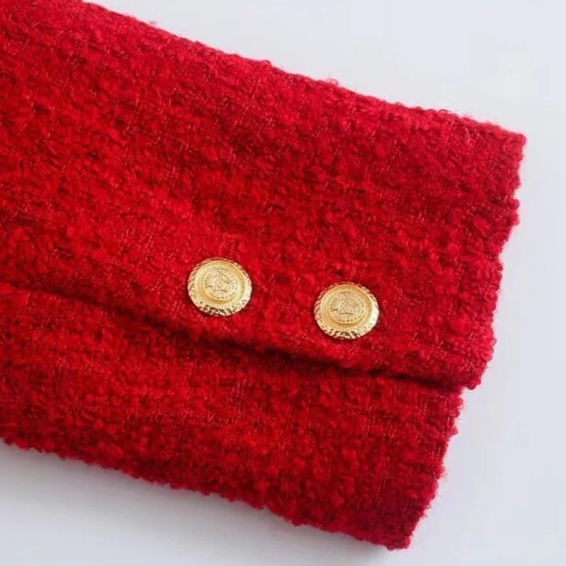 TRAF Womens Coarse Felt Texture Coat Womens Jacket Office Wear Womens Red Double Chest Long Sleeve Jacket 241111