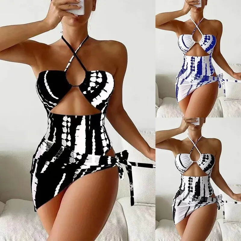 2024 Digital Printed Womens Sexy Neck Hanging Triangle Mesh Three Piece Set with Hollow Out Swimsuit 240411