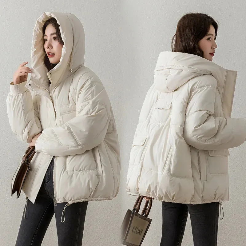 Winter Short Jacket Parka 2024 Thicken Warm Coat Hooded Solid Color Casual Women Streetwear Down Cotton 241108
