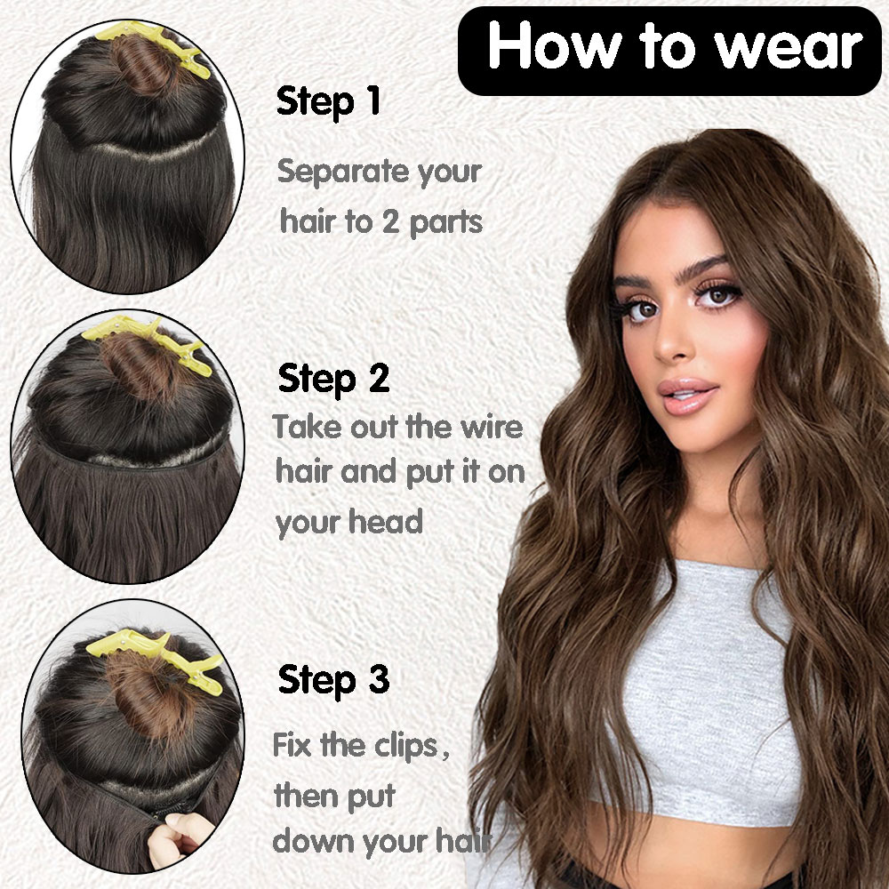 Synthetic Long Wavy Invisible Wire 4 Clip In Hair Extensions 22Inch Blonde Black Heat Resistant Hairpieces For Women Daily Party 59f01