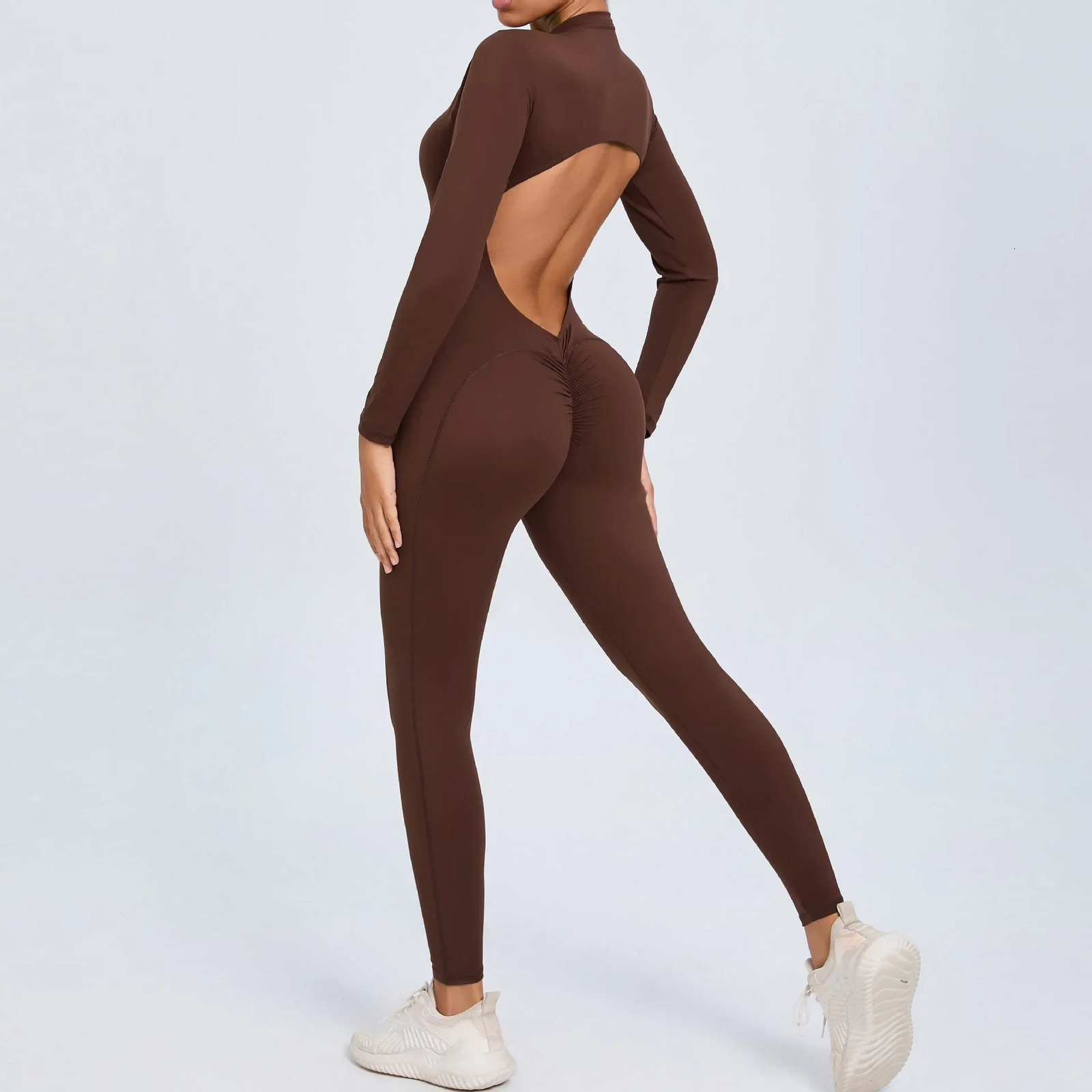Fashionable hollow backless sports jumpsuit womens track suit long sleeved zipper fitness top integrated gym set exercise suit 241112