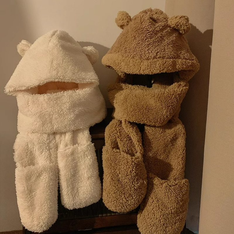 3-in-1 Lovely Lamb Wool Cute Bear Ear Hat Scarf Gloves Set for Women Warm Winter Plush Neck Hats Fleece Girls Beanies Caps